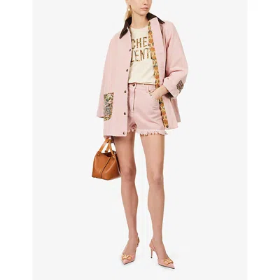 Valentino Knee Length Shorts Frayed Hem Floral Pockets Belt Loops In Pink