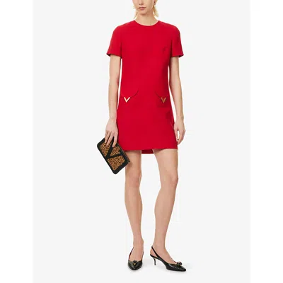 Valentino Womens Paris Pocket-front Short-sleeve Wool-blend Midi Dress In Red