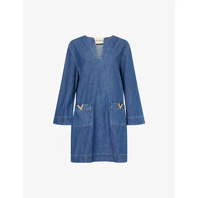 Valentino Vlogo Signature Denim Dress Three Quarter Sleeves In Blue