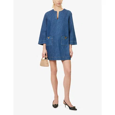 Valentino Vlogo Signature Denim Dress Three Quarter Sleeves In Blue