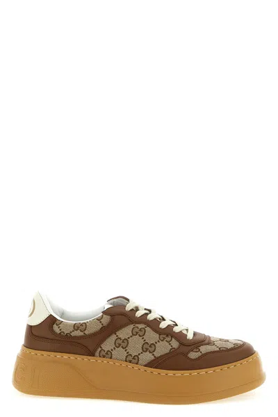 Gucci Textured Leather Sneakers With Branded Chunky Outsole In Brown
