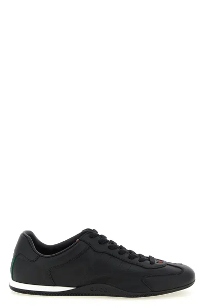 Gucci Men Black Low Top Sneakers With Web Tongue In Leather Man In Black