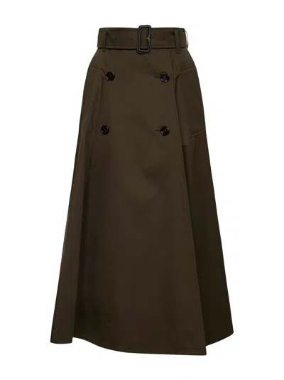 Burberry Women Juniper Green Gabardine Midi Trench Skirt In Brown