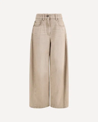 Brunello Cucinelli Women Beige Authentic Denim Wide Jeans With Monili In Neutral