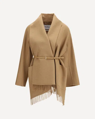 Max Mara Abilita Fringed Camel Hair Belted Cape Jacket In Brown