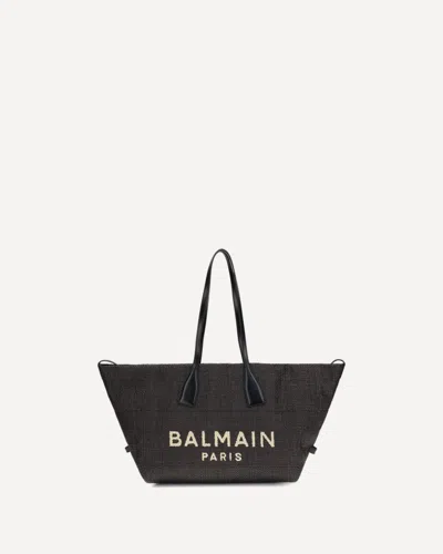 Balmain Women Track Shoulder Bag In Leather And Raffia In Black