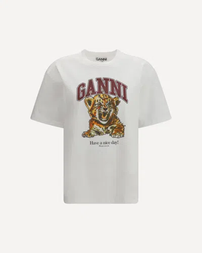 Ganni Womens Bright White Tiger-print Round-neck Cotton-jersey T-shirt Xl