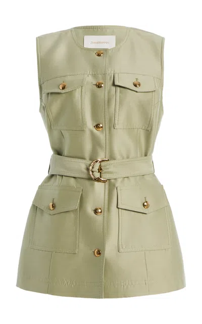 Zimmermann Luna Belted Wool And Silk-blend Vest In Green