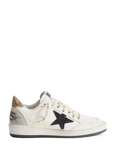 Golden Goose Ballstar White Low Top Sneakers With Glittered Star Patch On The Side And Glittered Heel With Logo L