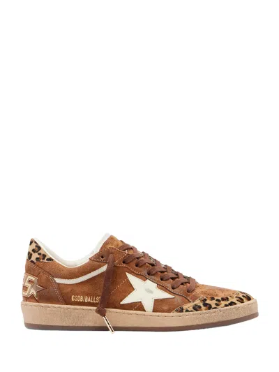 Golden Goose Sneaker Ballstar Low Top With Star Patch With Glitter And Animalier Print In Brown Suede For Women