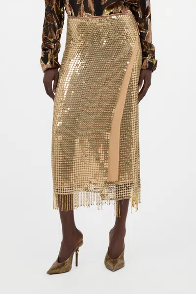 Roberto Cavalli Sequin Fringed Midi Skirt In Gold