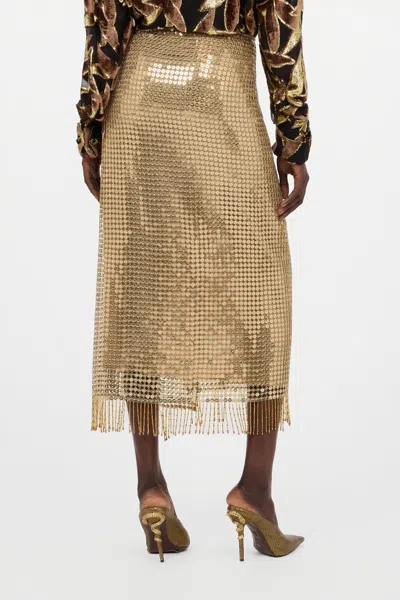 Roberto Cavalli Sequin Fringed Midi Skirt In Gold