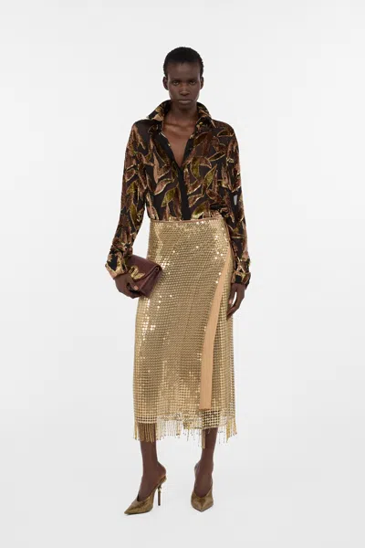Roberto Cavalli Sequin Fringed Midi Skirt In Gold