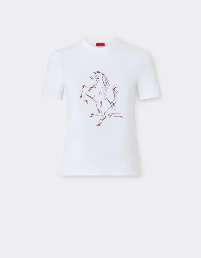 Ferrari Cotton T-shirt With Prancing Horse Print In White