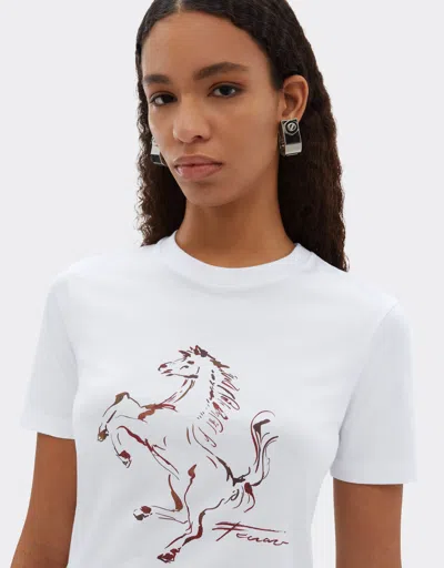 Ferrari Cotton T-shirt With Prancing Horse Print In White