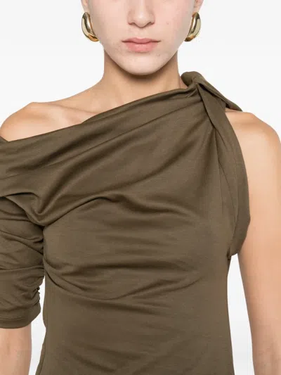 Jacquemus Asymmetric Green Mini Dress With Gathered Details In Brown
