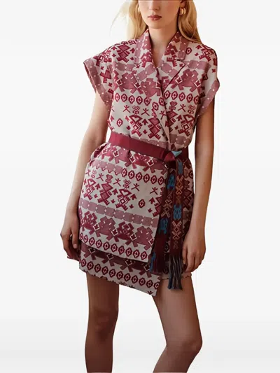 Devotion Patterned Belted Jacket In Red