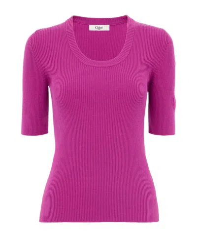 Chloé Chloe Logo-embroidered Ribbed Wool Top In Pink