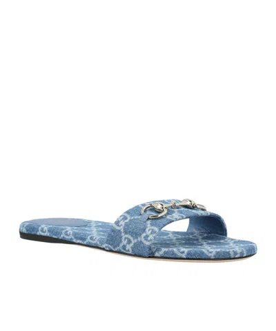 Gucci Flat Sandals Open Toe Patterned Fabric Hardware In Blue
