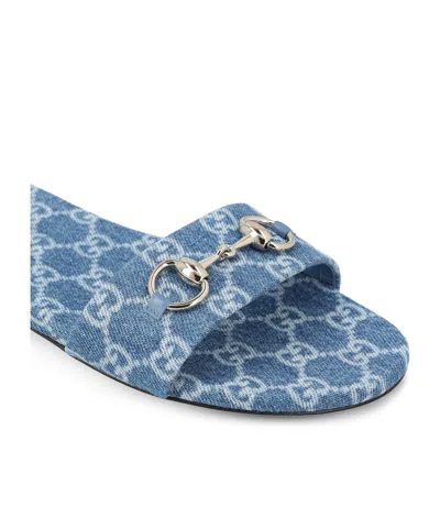 Gucci Flat Sandals Open Toe Patterned Fabric Hardware In Blue