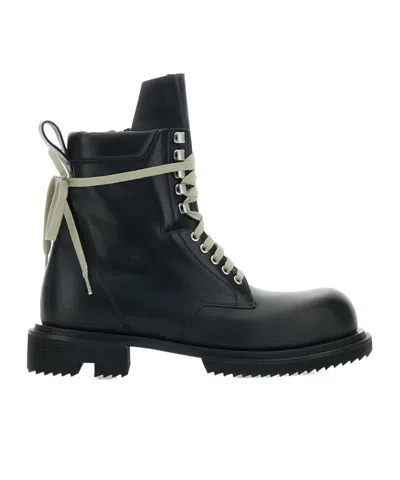 Rick Owens Low Army Black Ankle Boots With Decorative Oversize Laces And Lug Sole In Leather Man In Black