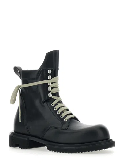 Rick Owens Low Army Black Ankle Boots With Decorative Oversize Laces And Lug Sole In Leather Man In Black