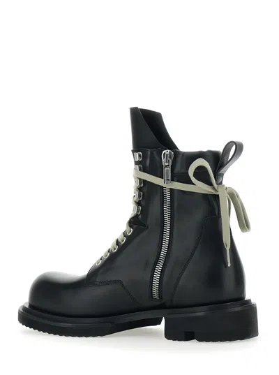 Rick Owens Low Army Black Ankle Boots With Decorative Oversize Laces And Lug Sole In Leather Man In Black