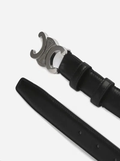 Celine Men Medium Triomphe Belt In Taurillon Schwarz Leather In Black