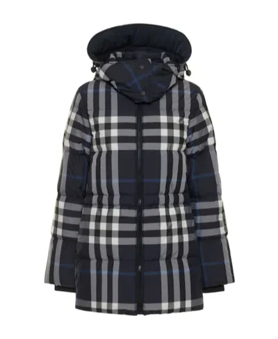 Burberry Checked Down Jacket In Blue