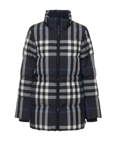 Burberry Checked Down Jacket In Blue