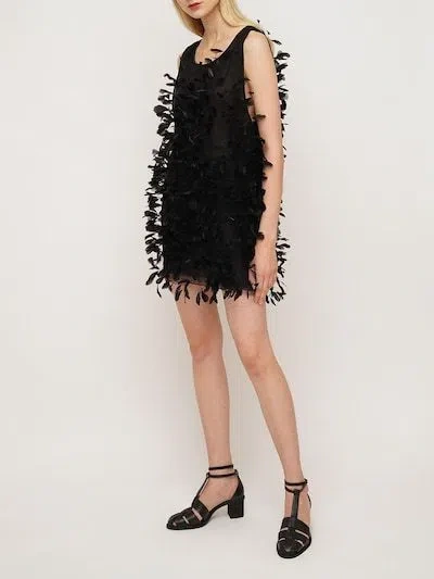 Max Mara Feather Silk Chiffon Mini Dress In Black
