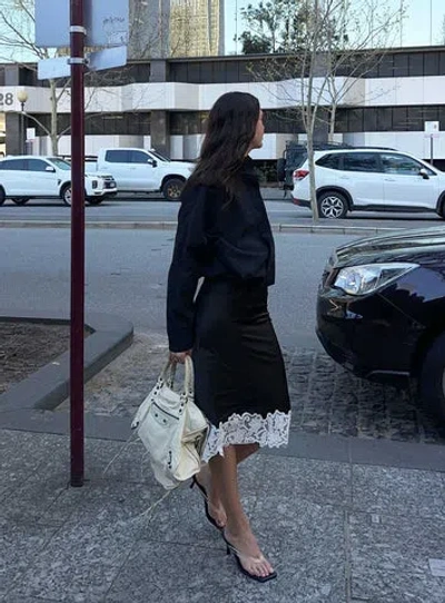 Lioness Anchored Contrast Lace Hem Midi Skirt In Brown