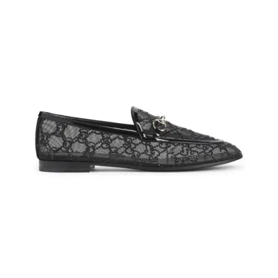 Gucci Almond Toe Mesh Loafers Embellished With Crystals In Black