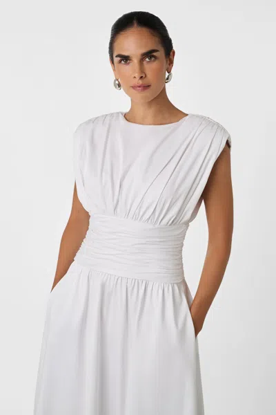 Toccin Evangeline Strong-shoulder Ruched Midi Cotton Dress In White
