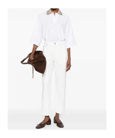 Brunello Cucinelli Women Cotton Jersey Polo Shirt With Dazzling Knit Collar In White