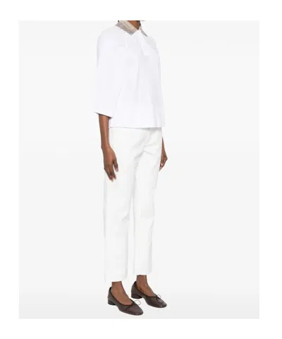 Brunello Cucinelli Women Cotton Jersey Polo Shirt With Dazzling Knit Collar In White
