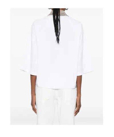 Brunello Cucinelli Women Cotton Jersey Polo Shirt With Dazzling Knit Collar In White
