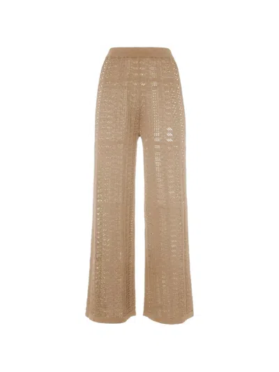 Malo High Waist Crochet Sheer Wide Leg Trousers In Brown