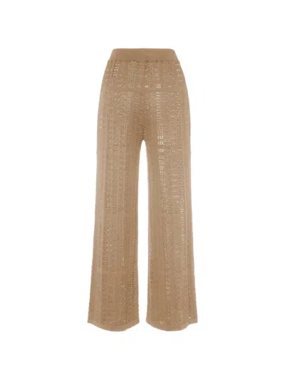 Malo High Waist Crochet Sheer Wide Leg Trousers In Brown
