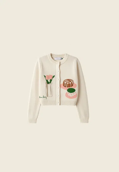 House Of Sunny Collarless Picture Knit Cardigan Ivory In White