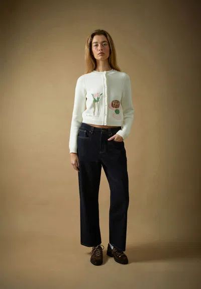 House Of Sunny Collarless Picture Knit Cardigan Ivory In White