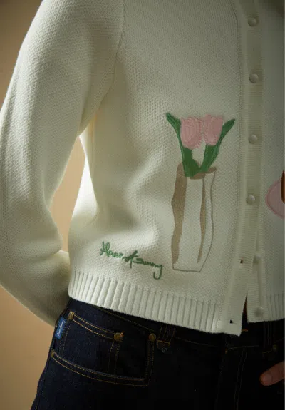 House Of Sunny Collarless Picture Knit Cardigan Ivory In White