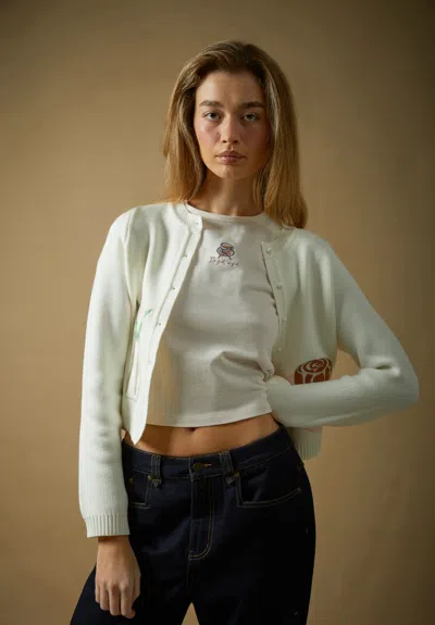 House Of Sunny Collarless Picture Knit Cardigan Ivory In White