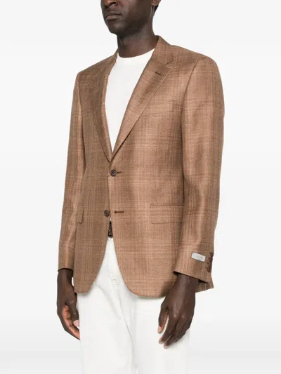 Canali Checked Single-breasted Jacket In Brown