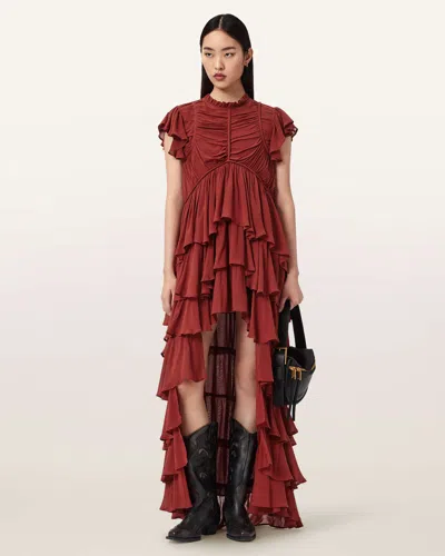 Allsaints Shaela Tiered Ruffle High-low Dress In Brown