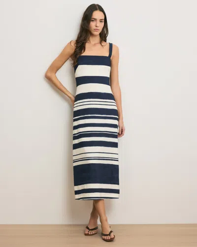 Veronica Beard Ella Striped Linen Midi Dress In Navy Dove White In Black