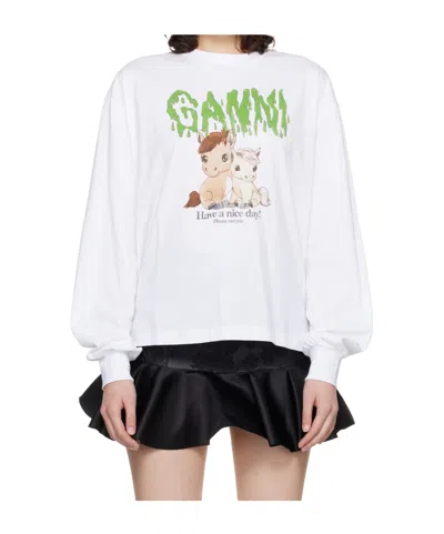 Ganni White Basic Cotton Jersey Long Sleeve T-shirt In White