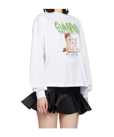 Ganni White Basic Cotton Jersey Long Sleeve T-shirt In White