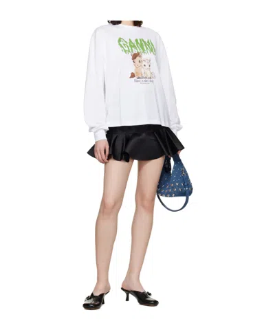 Ganni White Basic Cotton Jersey Long Sleeve T-shirt In White