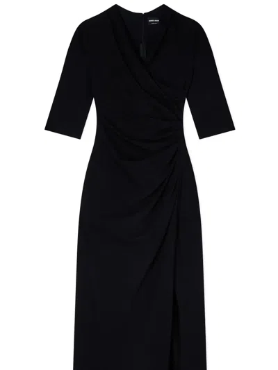 Giorgio Armani Elbow-sleeve Draped Crepe Slit Midi Dress In Black